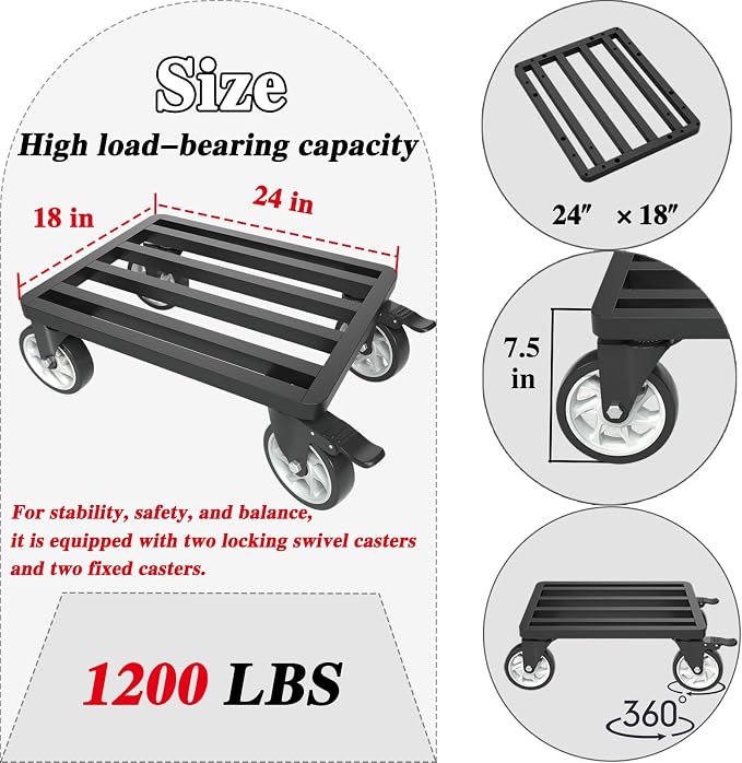 Heavy-Duty Stainless Steel Furniture Dolly, 24'' x 18'' Furniture Mover with 1200LB Capacity, 5'' Swivel Casters & Tie-Down Straps for Secure Transport