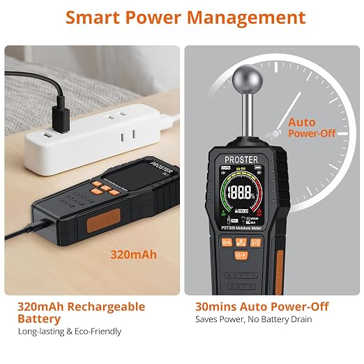 Proster 2-in-1 Pin & Pinless Moisture Meters for Walls - Rechargeable Damp Meter with 3-Colour Bar Graph LCD Display Customizable Alarms Wood Moisture Meter for Building Materials Concrete Plaster
