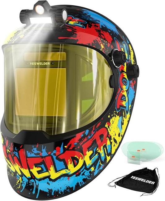 YESWELDER Auto Darkening Welding Helmet with SIDE VIEW and LED, 180° Panoramic View, 1/1/1/1 True Color Solar Powered Welder Hood, Wide Shade 3/5-9/9-13 Welder Mask for TIG MIG ARC CUT and GRIND