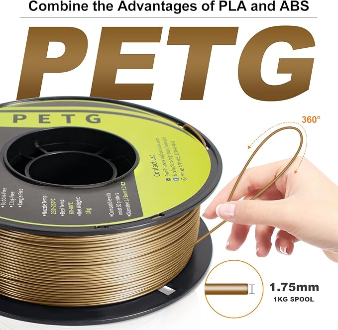 PETG Filament 1.75mm for 3D Printer, Metal-Like Consumable 1kg (2.2lbs) 1 Spool, Silk Metallic Finish PETG High Speed 3D Printer Filament, Dimensional Accuracy +/- 0.03 mm,Metallic Bronze Gold