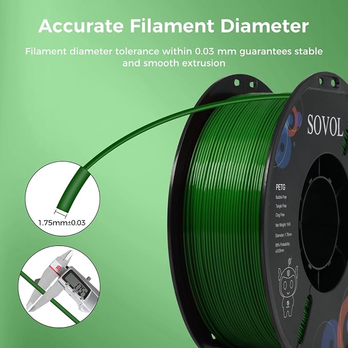 Sovol 3D Printer PETG Filament 1.75mm 1KG (2.2lbs), High Precision, Strong Toughness, Wiring Tightness, Dimensional Accuracy +/- 0.03 mm, 3D Printing PETG Filaments, Green