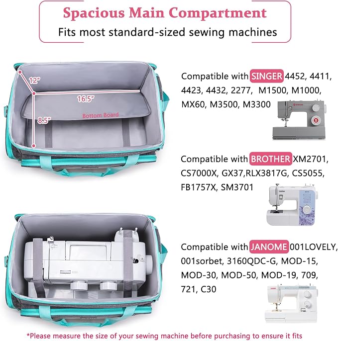AMOIGEE Rolling Sewing Machine Case with Wheels – Sewing Machine Bag with Detachable Wheels Frame, Trolley Tote with Removable Padding,Fits Most Standard Machines Compatible with Singer,Brother,Janome