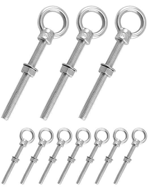 QWORK Threaded Eyebolts, 10 Pack 3/8" x 4" Long Stainless Steel Marine Grade Shoulder Eye Bolt, M10x100mm