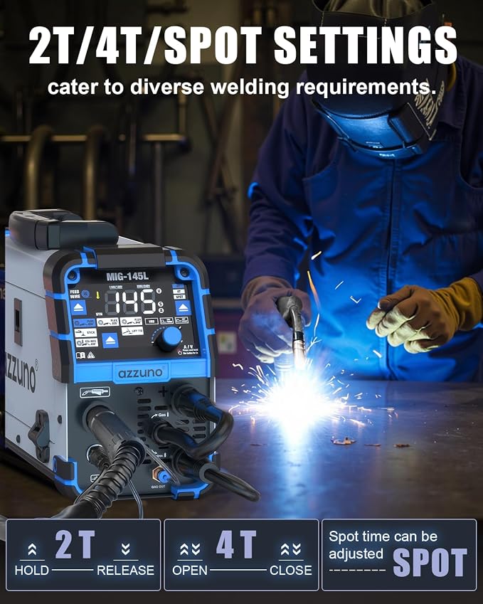AZZUNO 145A MIG Welder 110V/220V, 4-in-1 MIG Welding Machine with Gas/Gasless Flux Core MIG, Lift TIG, Stick, Synergic Wire Feed Welding Machine for Beginners, Home DIY, Automotive Repair Projects