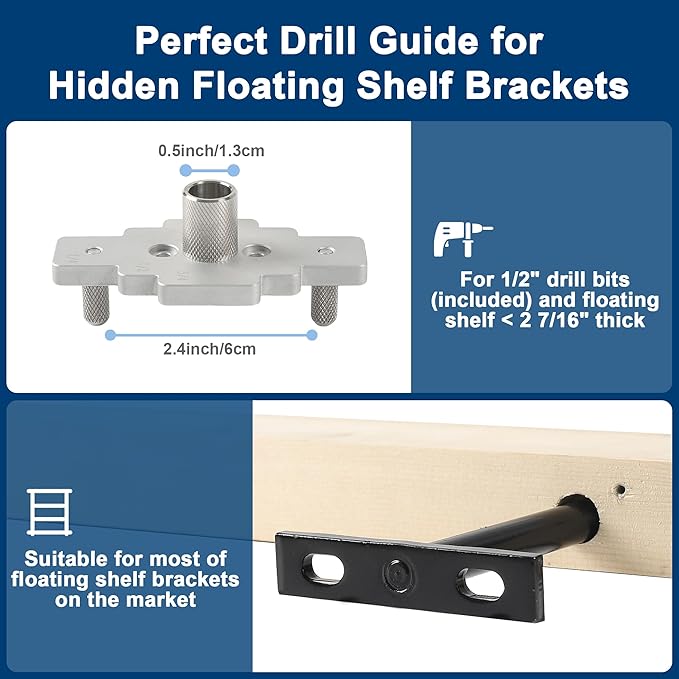Floating Shelf Bracket Dowel Jig Kit with 1/2" x 9" Drill Bit, Self Centering Straight Hole Drill Guide for Installing Floating Shelf Hidden Bracket 1/2" X 6", 1/2" X 8"