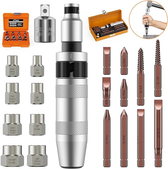 12PCS 3/8" Hand Manual Impact Driver and 8PCS 3/8" Bolt Extractor, XEWEA Reversible Impact Screwdriver Slotted,Phillips,Hexagonal Bit, for Removing & Fasteners Damaged, Rusted Screw Bolt