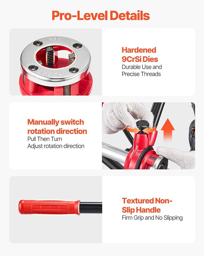VEVOR Ratchet Pipe Threader Kit with 3 Dies, 1/2" BSPT, 3/4" BSPT, 1" BSPT Manual Ratcheting Pipe Threading Tool, Portable Pipes Threader Set with Toolbox for Plumbing Installation & Repair
