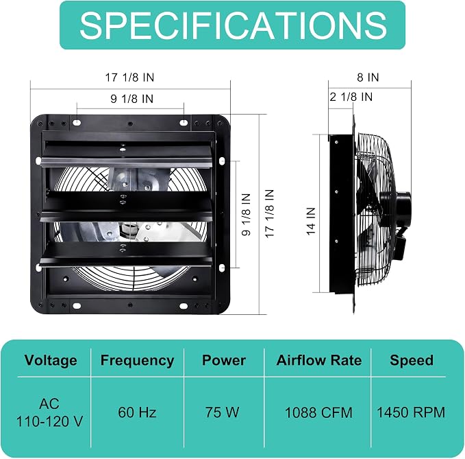 14 Inch Shutter Exhaust Fan, Wall Mount Attic Fan with Power Cord for Greenhouse, Shed, Garage, Barn, Chicken Coop Ventilation, 1088 CFM, Black
