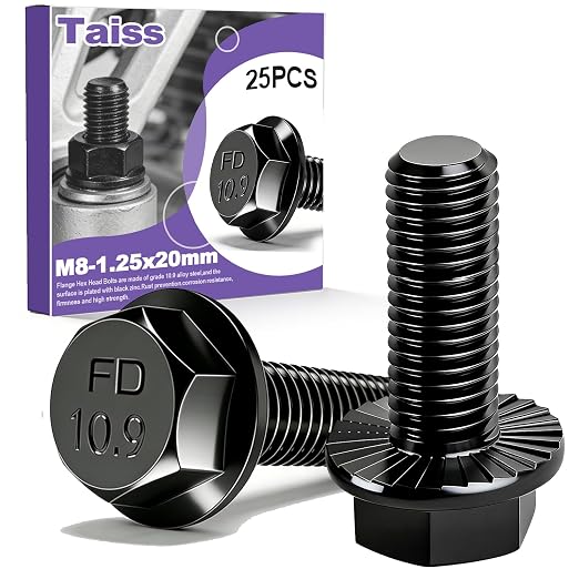 Taiss 25PCS M8-1.25 x 20mm Metric Flange Hex Head Bolts,Hex Drive Screws 10.9 Black Zinc Plated Alloy Steel,m8x1.25 Bolt,Full Thread Hex Bolts
