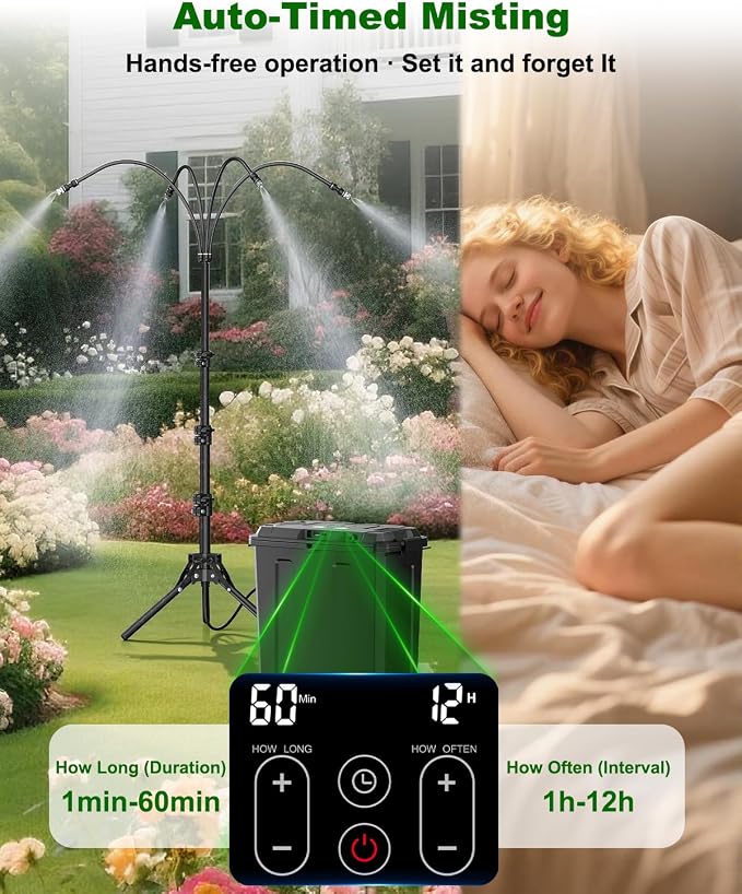 Ausic Portable Misting System with Stand, Water Cooling Misters Set for Outside Patio - 9L Bucket Built-in 10000mAh Battery & PCS Pump & Timer for Outdoor, Canopy, Sport, Golf, Beach, Greenhouse, Camp
