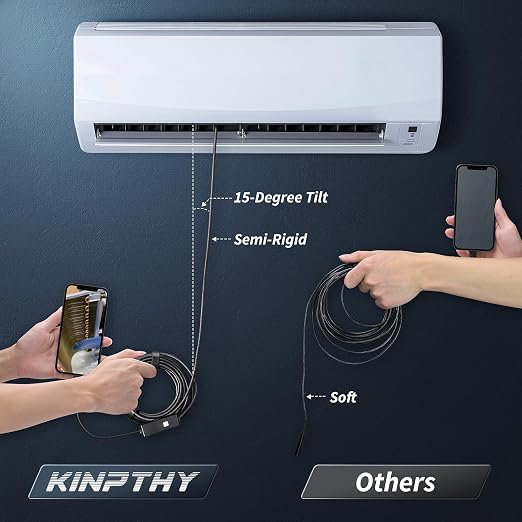 Kinpthy Endoscope Camera with Light, 1920P HD Borescope Tools with 8 Adjustable LED Lights, Endoscope with Semi-Rigid Snake Camera, Inspection Borescope for iOS - 16.3ft Single Line Single Lens