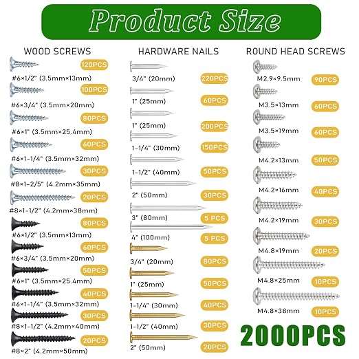 2000Pcs Hardware Nails & High Hardness Wood Screws & Round Head Sheet Metal Screws Assortment Kit,Phillips Drive Flat Head, Wood Screws,Galvanized,Picture Hanging,Wood,Common Nails with Storage Box