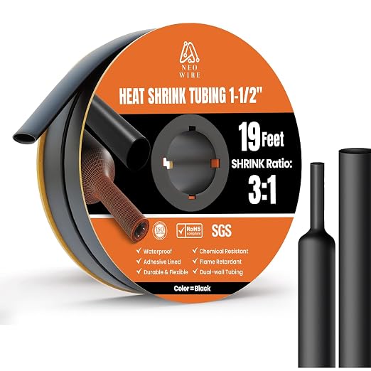 Heat Shrink Tubing 1-1/2", (38.1mm) 3:1 Ratio Shrink Tube Industrial and Marine Grade, Dual Wall Adhesive Lined Wire Shrink Wrap Tubing, 19 Feet Black Roll