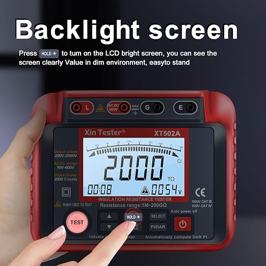 Xin Tester 2500V AC DC Insulation Megger Tester Megohmmeter, 250V/500V/1000V/2000V High Voltage Auto Ranging Auto Earth Grounding 200GΩ Resistance Meter LCD Display XT502A