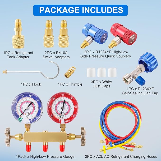 A2L Manifold Gauge Set, 3 Way AC Refrigerant Charging Hoses, R1234YF High and Low Quick Coupler with R1234YF Self-Sealing Can Tap, 5FT HVAC Manifold Gauge Hose Kit for R1234YF/R410A/R32/R454B/ system
