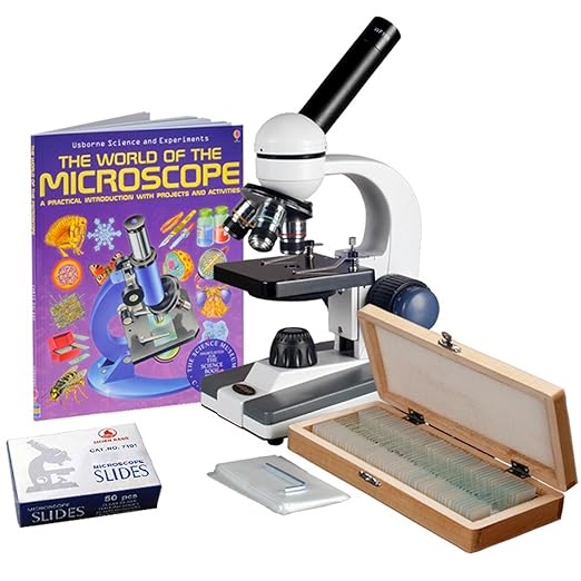 AmScope M150C-50WM-50P100S Compound Monocular Microscope, WF10x and WF25x Eyepieces, 40x-1000x Magnification, LED Illumination, Brightfield, Single-Lens Condenser, Coaxial Coarse and Fine Focus, Plain Stage, 110V, Includes Set of 50 Prepared Slides, 50...