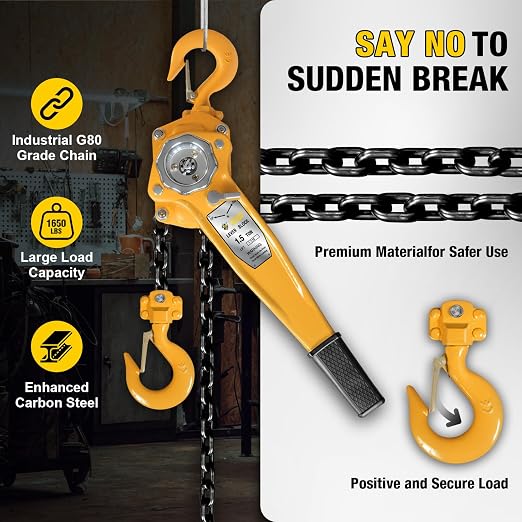 YELLOW JACKET 1.5 Ton Manual Lever Chain Hoist, G80 Galvanized Carbon Steel with Weston Double-Pawl Brake, Chain Come Along and Safety Measures for Chain Fall