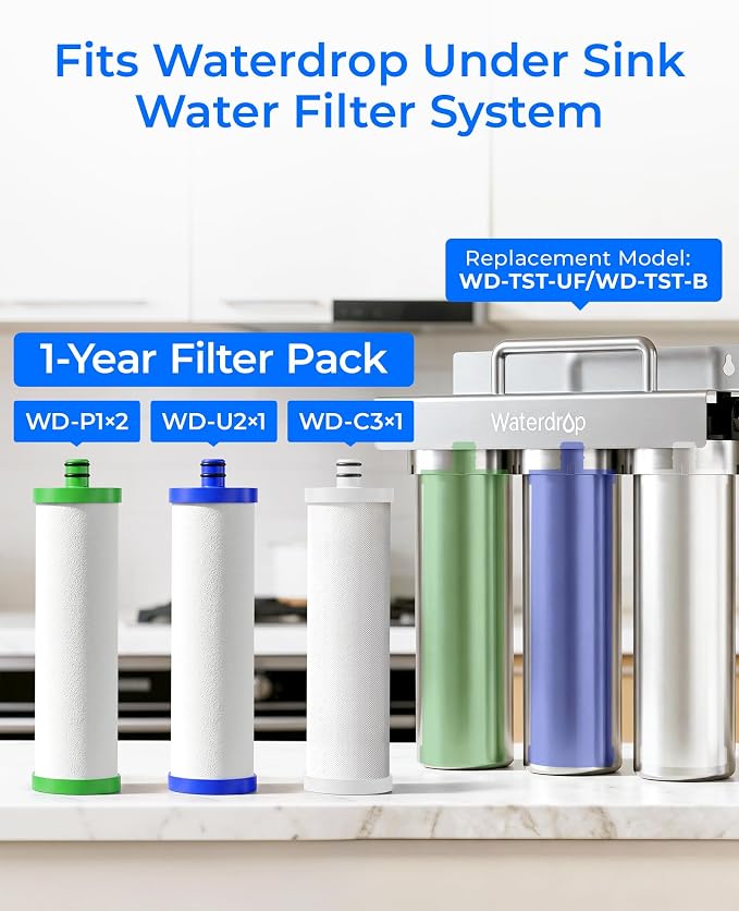 Waterdrop TST-UF Replacement Water Filter, 1-Year Replacement Pack, 4 Filters (2 x P1, 1 x U2, 1 x C3), Replacement for Waterdrop TST-UF & TST-B 3-Stage Under Sink Water Filtration System