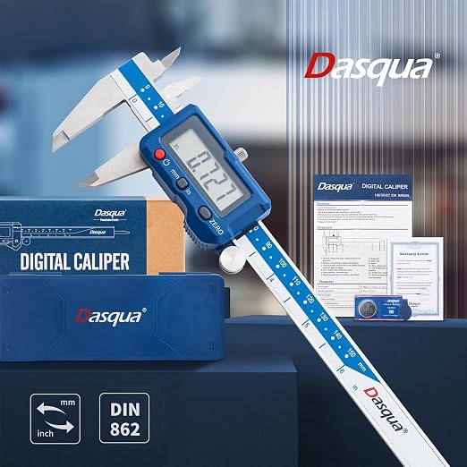 Dasqua 6”/150mm Digital Caliper, Stainless Steel Precision Measuring Tool with Advanced Dual Chip, Large LCD, Resolution 0.0005”/0.01mm, Accuracy ±0.001”/0.02mm