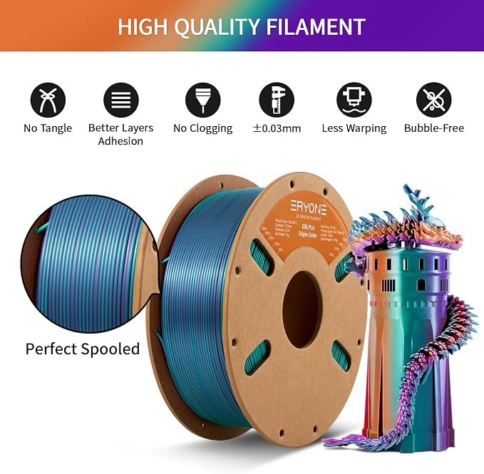 ERYONE Silk Tri Color PLA Filament 3D Printer 1.75mm +/- 0.03mm, Multicolor Filament Tricolor PLA 1KG(2.2lbs) Cardboard Spool, Purple&Blue Purple&Burnt Orange