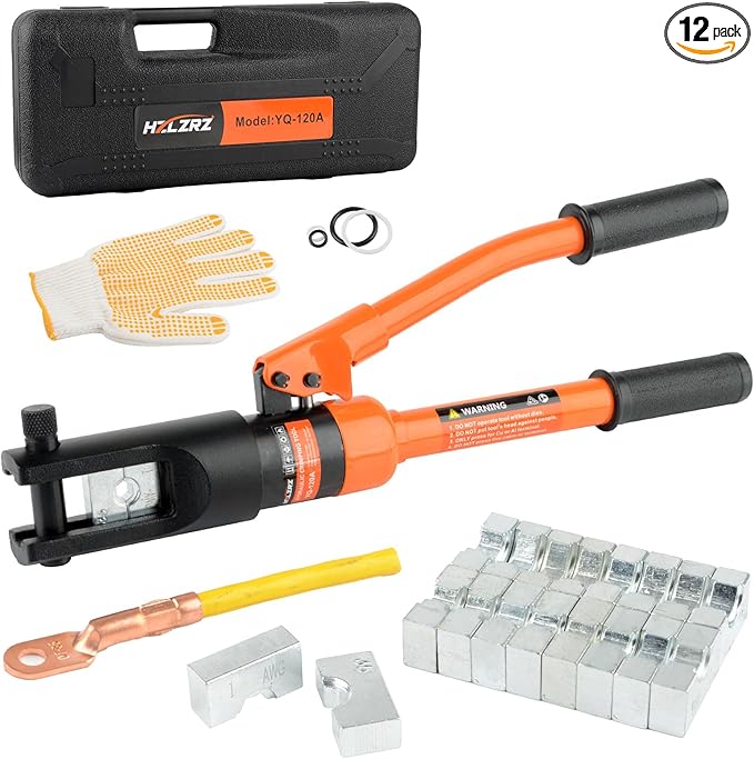HZLZRZ 12 Tons Hydraulic Crimping Tool, Range 6AWG-4/0AWG(250MCM), Hydraulic Cable Lug Crimper with 8 Pairs of Dies for Hydraulic Wire Battery Cable Electrical Terminal Crimping Tool (YQ/120A)