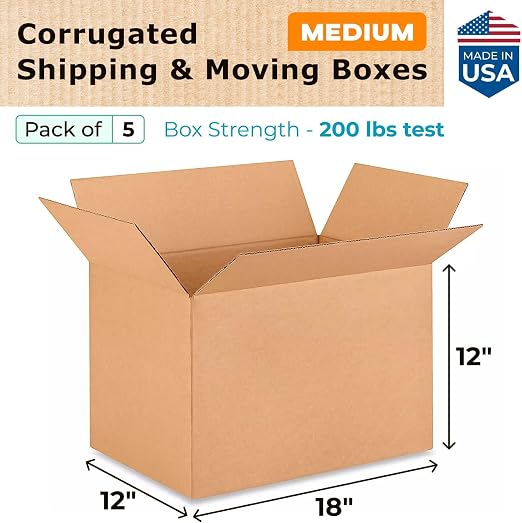 Medium Shipping & Moving Boxes 18 x 12 x 12 inches (5-Pack) - Extra Strength 200 lb vs Regular - USA-Made Corrugated Moving Boxes for USPS/FEDEX - Corrugated Medium Size Moving Box by IDL Packaging