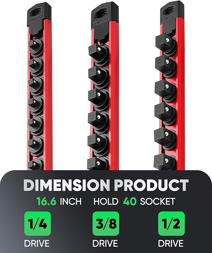 ALOANES Magnetic Socket Organizer Set, 3-Piece Heavy Duty Aluminum Socket Rails, 360° Swivel Clips Socket Rail Kit for Tool Tray Drawer Fit 1/2, 3/8, 1/4-Inch x 40 Clips (Red, 3PC)