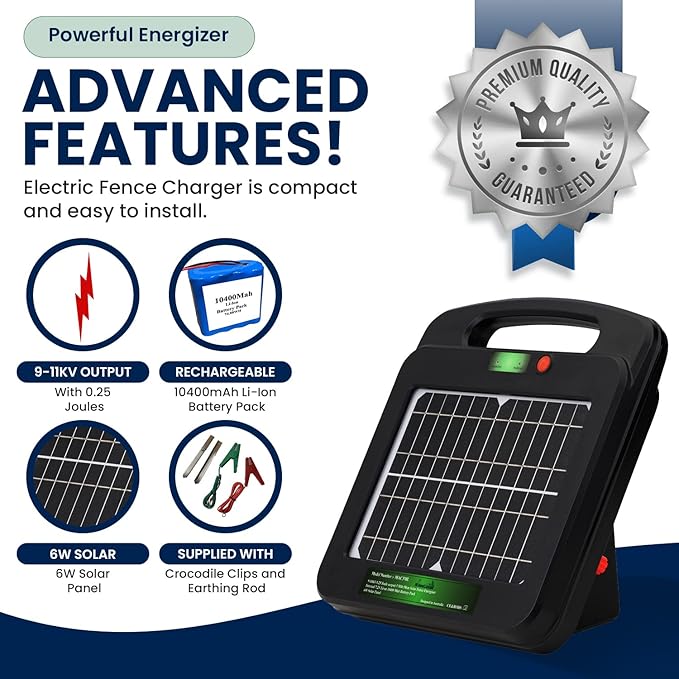Solar Powered Electric Fence with Lithium Battery Energizer Containment & Protection of Livestock Horses Cattle Sheep Pets Easy Install Charger 0.25 Joules Output (9-11KV)