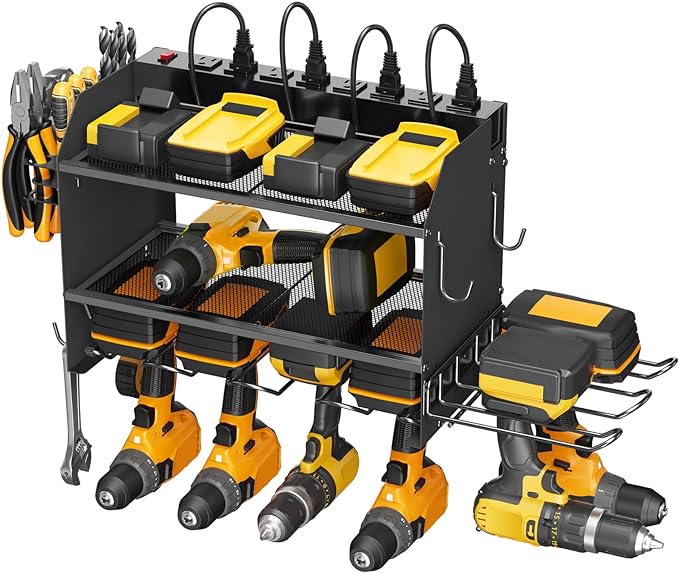 CCCEI Modular Power Tool Organizer Wall Mount Charging Station, Black 6 Drills Holder with 8 Plug Power Strip 10FT, Garage Drill Battery Heavy Duty Metal Shelf, Utility Rack with Hooks, Side Storage.