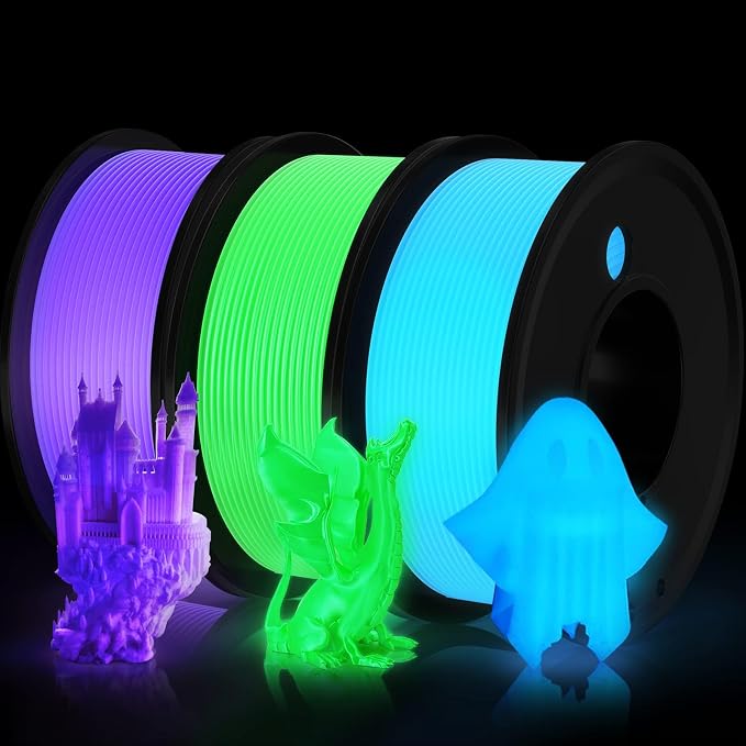 3D Printer Filament PLA Glow in The Dark 1.75mm 3-D Printing Materials 3 Colors Bundle Print Filiment 1.75 mm Green Blue Purple Fillament Accuracy ±0.05mm Spool Vacuum Packaging 250G X 3