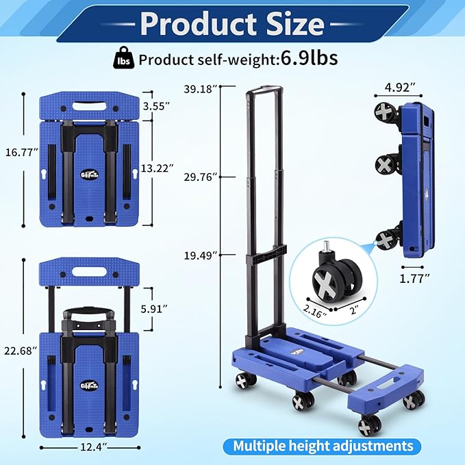 Folding Hand Truck Lightweight Hand Truck Dolly Foldable,Luggage cart with 6 Rotate Wheels, Utility Cart with Adjustable Handle,Collapsible Dolly for Moving (Blue)