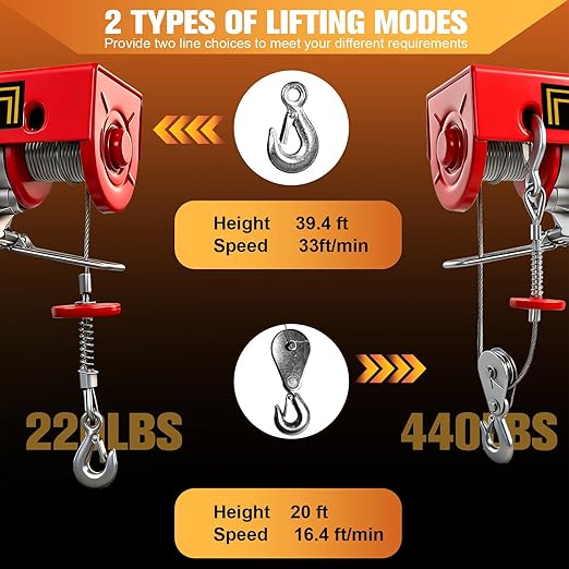 Electric Hoist 440 lbs, 110V Electric Winch with 13ft Wired Remote Control, Single/Double Cable Lifting Height 39.4ft/20ft with Emergency Stop, Hoist Lift for Warehouse, Factory
