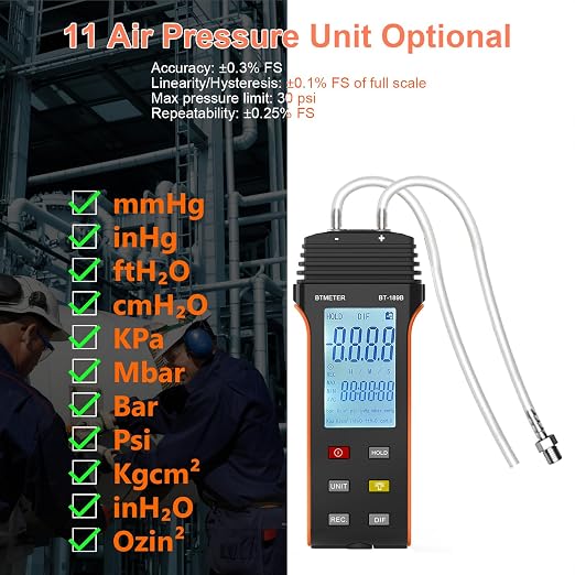BTMETER BT-846A CFM Anemometer & BT-189B Dual-Port Manometer Kit – Air Flow Meter and Gas Pressure Tester Differential Pressure Gauge for HVAC System Inspection & Air Balancing