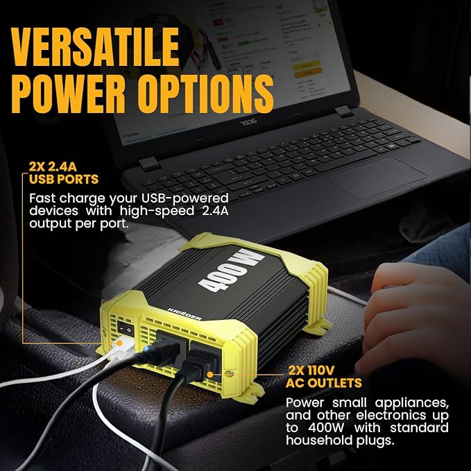 K KRIËGER 400 Watt 12V DC to 110V AC Car Power Inverter 2 Outlets, USB Ports, Cigarette Lighter Plug & Clamps for Vehicles, Road Trip Essentials Accessories- ETL Certified to UL & CSA Standard