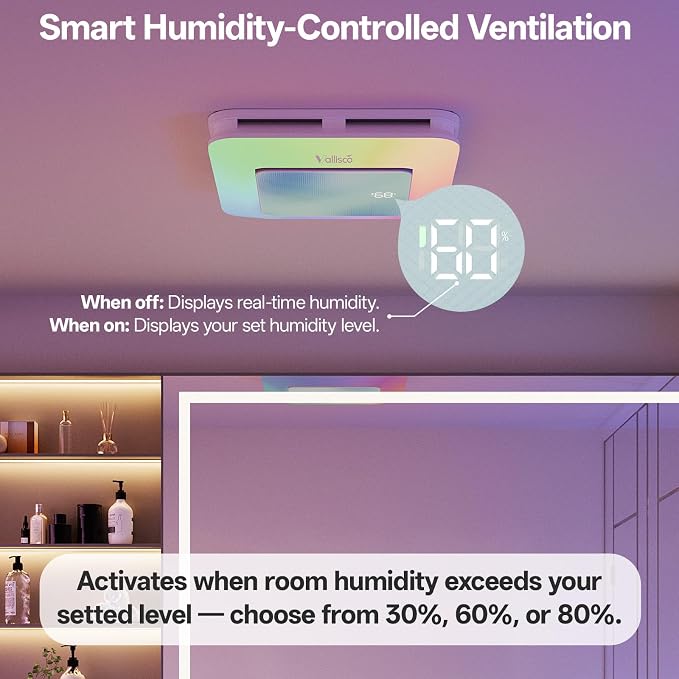VallisCo Bathroom Exhaust Fan with Light, Odor & Humidity Sensors, 230 CFM Quiet Bathroom Ceiling Fan with Remote, Timer, 3 Dynamic RGB Lights, 2700K–6500K Dimmable, Wall/Ceiling Mount (Ocean Mist)