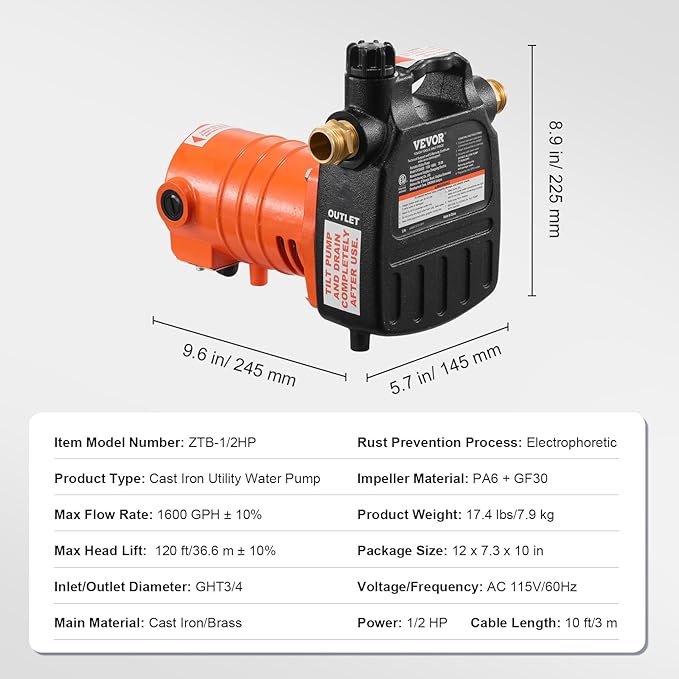 VEVOR Cast Iron Water Transfer Pump, 115V AC 1600 GPH 1/2HP, Portable Electric Utility Pump with Carbon Brush, Filter, Brass Connectors, for Garden, Rain Barrel, Pool, Pond, Hot Tub, Aquarium Draining