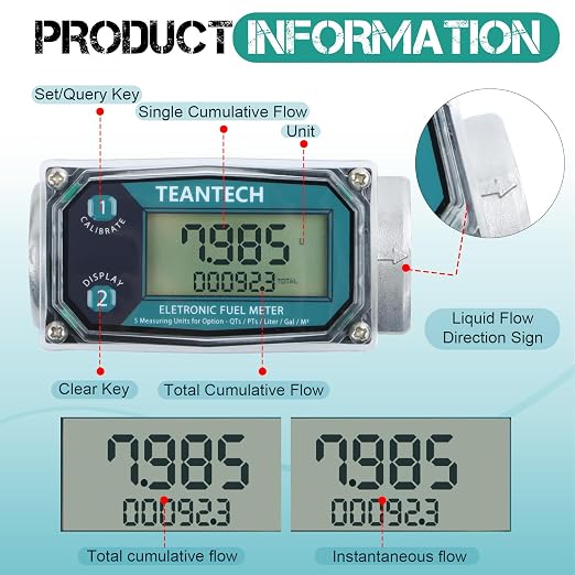 1Pack 1 in Digital Turbine Fuel Flow Meter with 3/4 in Adapters, High Accuracy Diesel Flow Meter with NPT Counter, Digital LCD with 5 Units, Auto Shut Off, for Gasoline/Kerosene/Water
