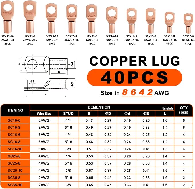 Sanuke Hydraulic Crimping Tool and Cable Cutter, 12 AWG to 2/0 AWG, Electrical Terminal Cable Crimper Tool Kit with 9 Die Sets and 40PCS Copper Wire Lugs