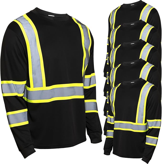 Zhanmai 6 Pack Safety Long Sleeve, Class 3 High Visibility T Shirt with Reflective Strips for Work Surveyor Construction
