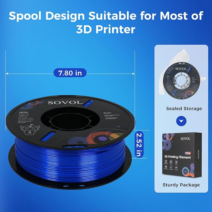 Sovol 3D Printer PETG Filament 1.75mm 1KG (2.2lbs), High Precision, Strong Toughness, Wiring Tightness, Dimensional Accuracy +/- 0.03 mm, 3D Printing PETG Filaments, Blue