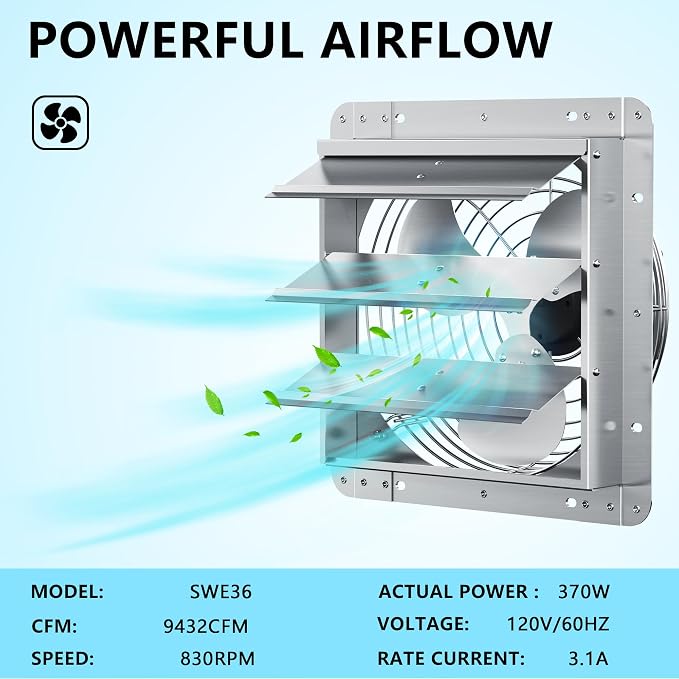 36 Inch Shutter Exhaust Fan, Aluminum Wall Mounted Exhaust Fan, 9432 CFM High Speed Automatic Shutter Attic Fan, Vent Fan For Greenhouse,Shed,Shop,Garage,ETL Listed