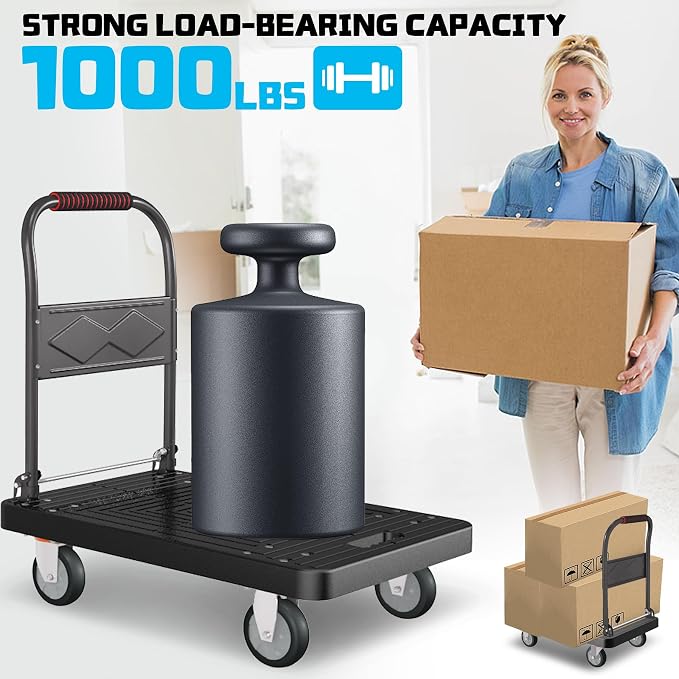 Platform Truck, Foldable Handcart with Swivel Wheel 34"x22" Heavy-Duty Push Dolly Cart,1000lbs Capacity, 6 Steel Load-Bearing Beams for Warehouse Garage Home Use