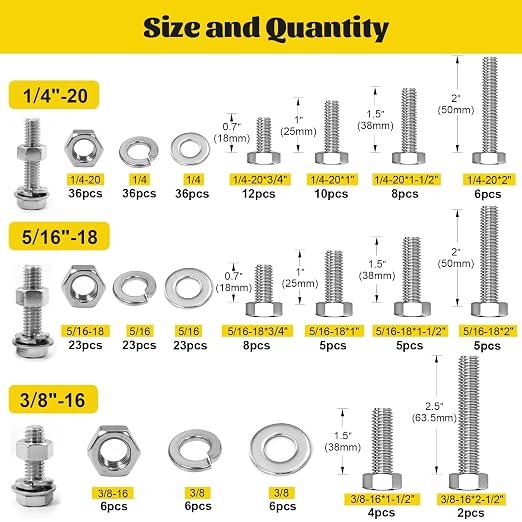 260PCS Hex Bolts and Nuts Assortment Kit,1/4-20, 5/16-18, 3/8-16 Hex Head Bolt Nut and Flat & Spring Washers Assorted,304 Stainless Steel, Fully Threaded