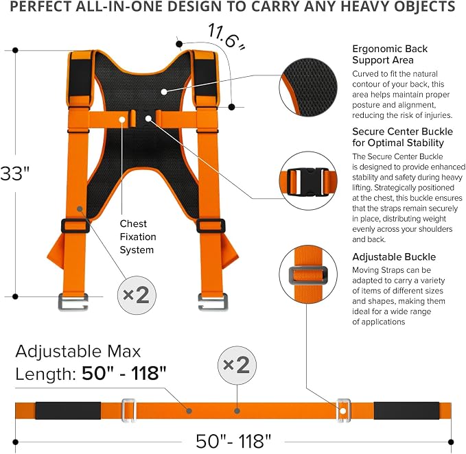 X-Protector Moving Straps - 2 Pairs - Lifting Straps for 2 Movers - Move Furniture Easily and Safely - Perfect for Lifting and Moving Heavy Objects! (with Back Support)