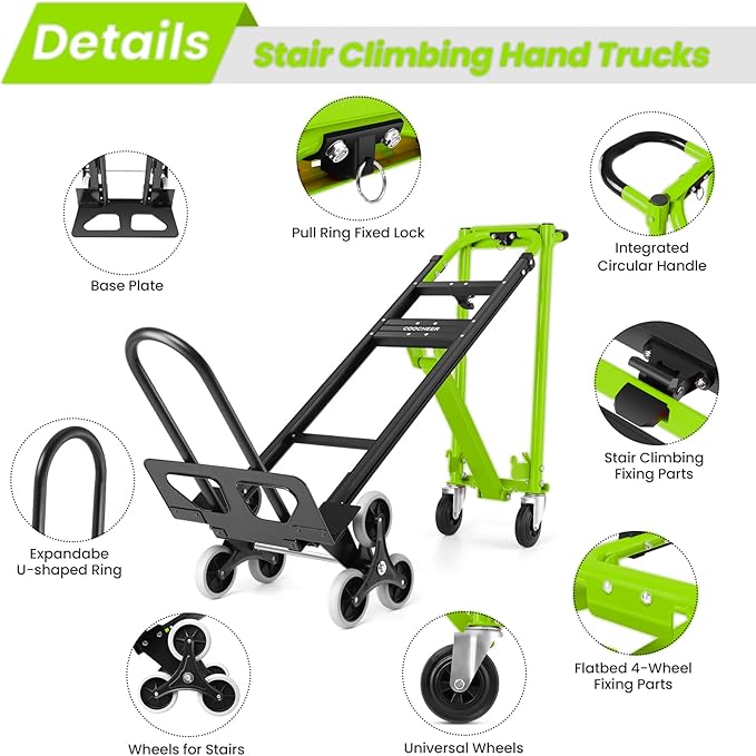 1000LBS Heavy Duty Aluminum Stair Climbing Dolly, 3 in 1 Convertible Hand Truck, Folding Hand Truck Dolly Cart with Solid Wheels for Moving/Travel/Office (Green)