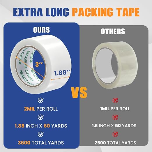 Clear Heavy Duty Packing Tape, 6 Rolls Bulk, 1.88 Inchs x 60 Yards Per Roll, Strong Packaging Tape for Shipping, Moving, Box Sealing & Refill