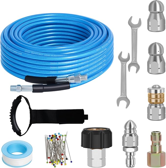 50 FT Sewer Jetter Kit for Pressure Washer, 5800PSI Water Jet Drain Cleaner Hose, 1/4 Inch NPT Corner with 4 Sewer Jetting Nozzles, Pearl Corsage Pin, Waterproof Tape, Handle Strap&2 Spanner (Blue)