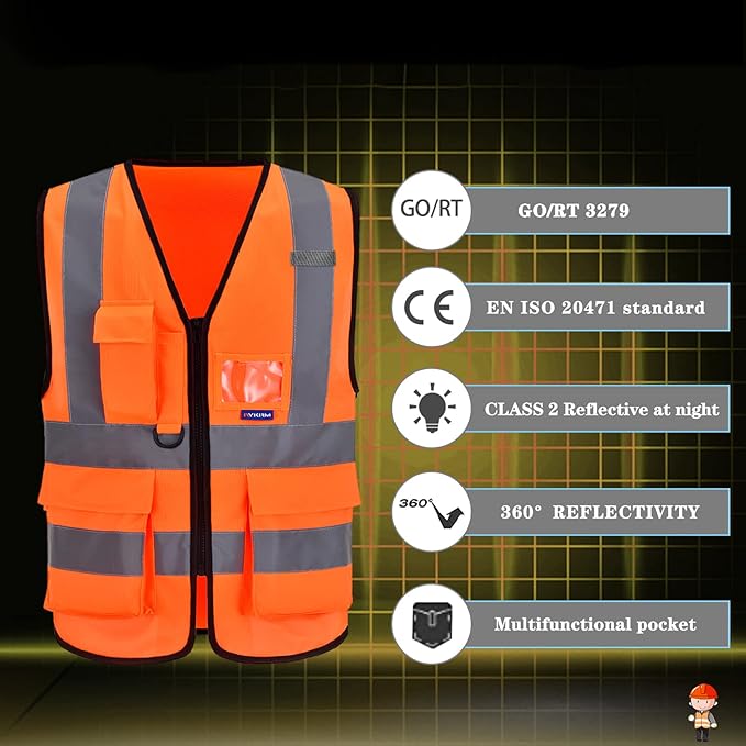 A-SAFETY Orange 4XL 5XL High Visibility Safety Vest Reflective BIG AND TALL | Orange 4XL-5XL Class 2 work vest with clear PVC ID holder, mic tabs and high-visibility reflective strips for road work.