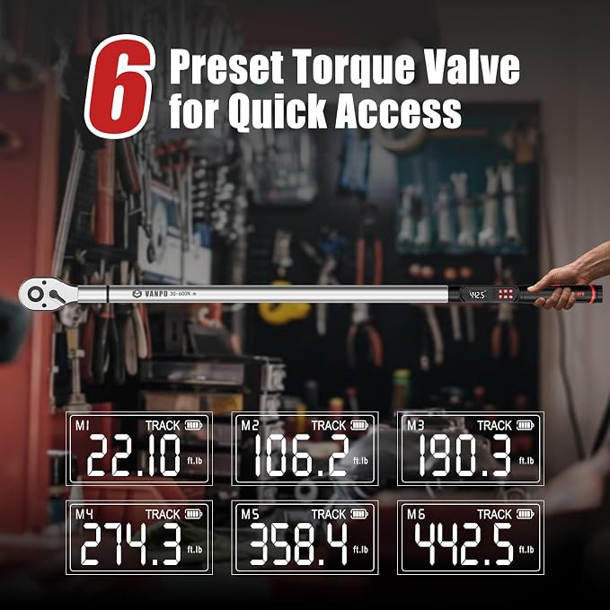 VANPO Digital Torque Wrench 3/4-Inch 22.1-442.5 Ft-Lb, for Trucks | 30-600Nm, ±2% Accuracy Heavy-Duty Electronic Torque Wrench with Triple Alert, Preset Memory for Heavy Automotive & Equipment
