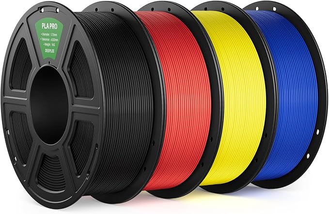 PLA PRO Filament 1.75mm, Stronger Toughness 3D Printer Filament, PLA Filament Dimensional Accuracy +/- 0.02 mm, Neatly Wound, Fits Most FDM 3D Printer, 4 Pack Black & Red & Yellow & Blue